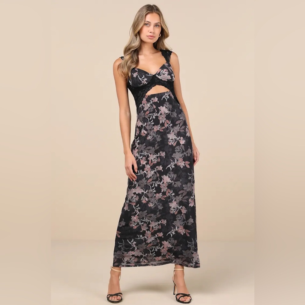 Lulus Floral Mesh Cutout Lace Bustier Maxi Dress